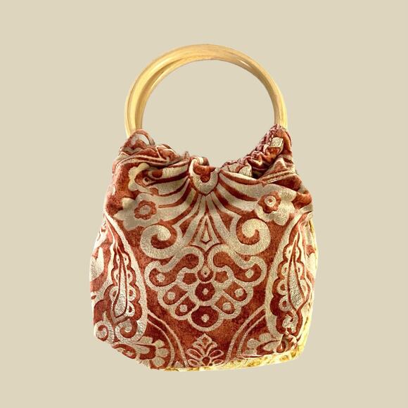 Handbags - Burned Velvet Wooden Ring Top Handle Hobo Clutch Purse